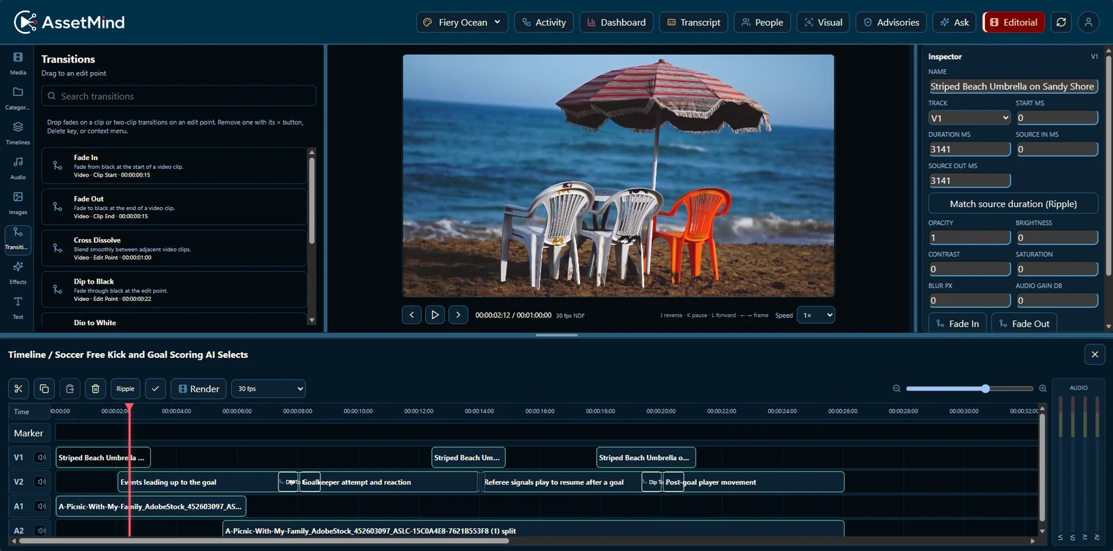 AssetMind browser editorial with a video preview, multitrack timeline and source clips
