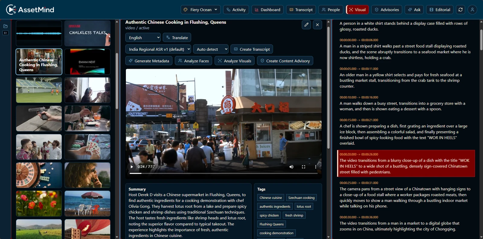 AssetMind scene captions with a highlighted timecoded description
